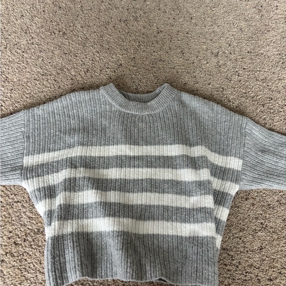 Pink Rose Sweaters - Pink Rose Gray and White Striped Crew Neck Sweater